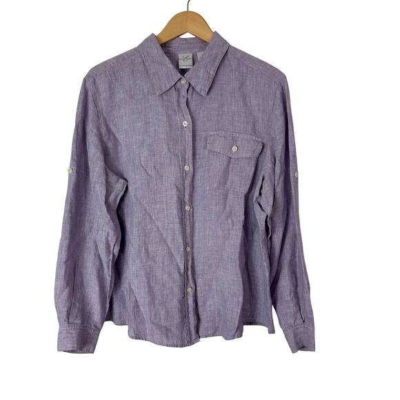 Emma James 100% Linen Shirt Womens XL Lilac Purple Top Roll Tab Sleeve Button Up - Picture 1 of 5